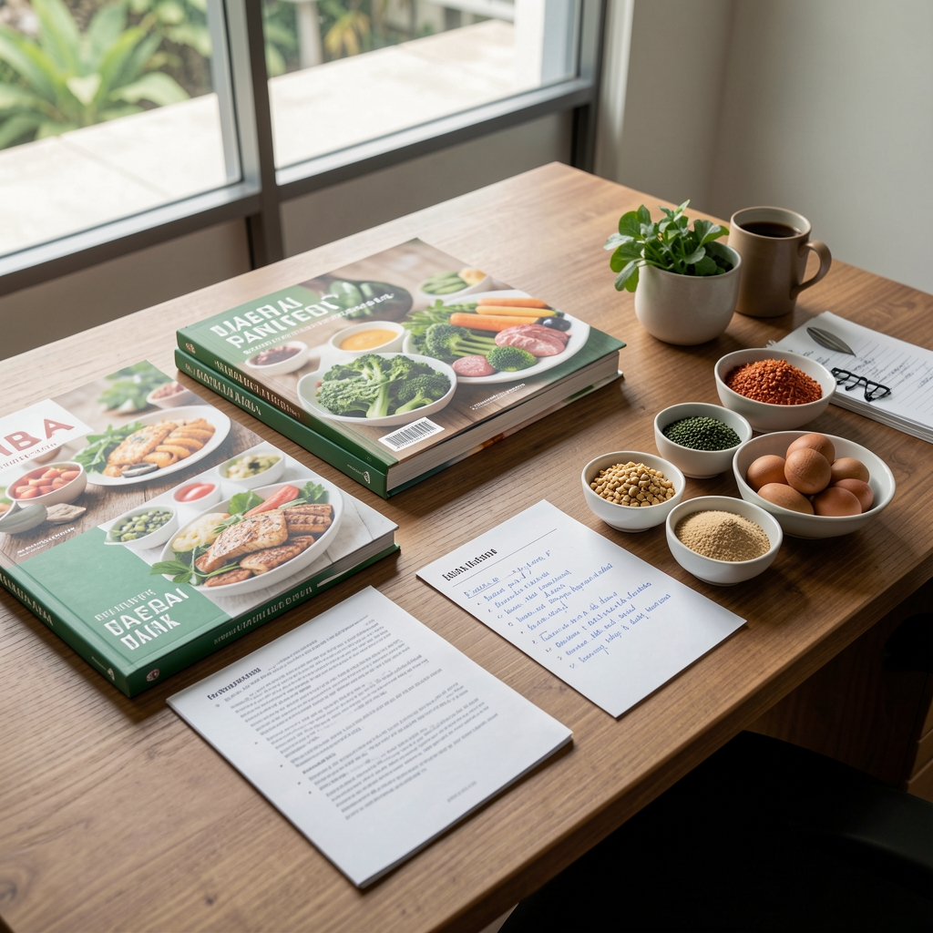 Editorial desk in Jakarta with nutrition journals, whole foods and neatly arranged ingredient notes