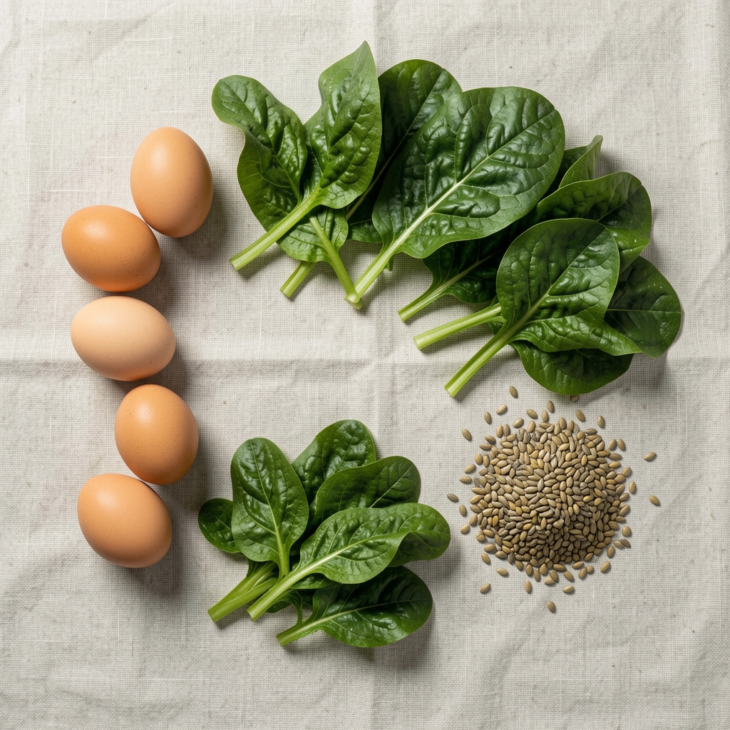 Flat lay of whole foods including eggs, leafy greens and seeds on a pale linen surface