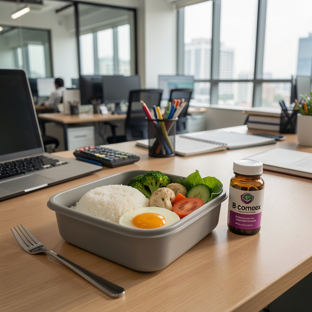 Desk lunch box with rice, egg, vegetables and a small B-complex supplement bottle in a Jakarta office setting