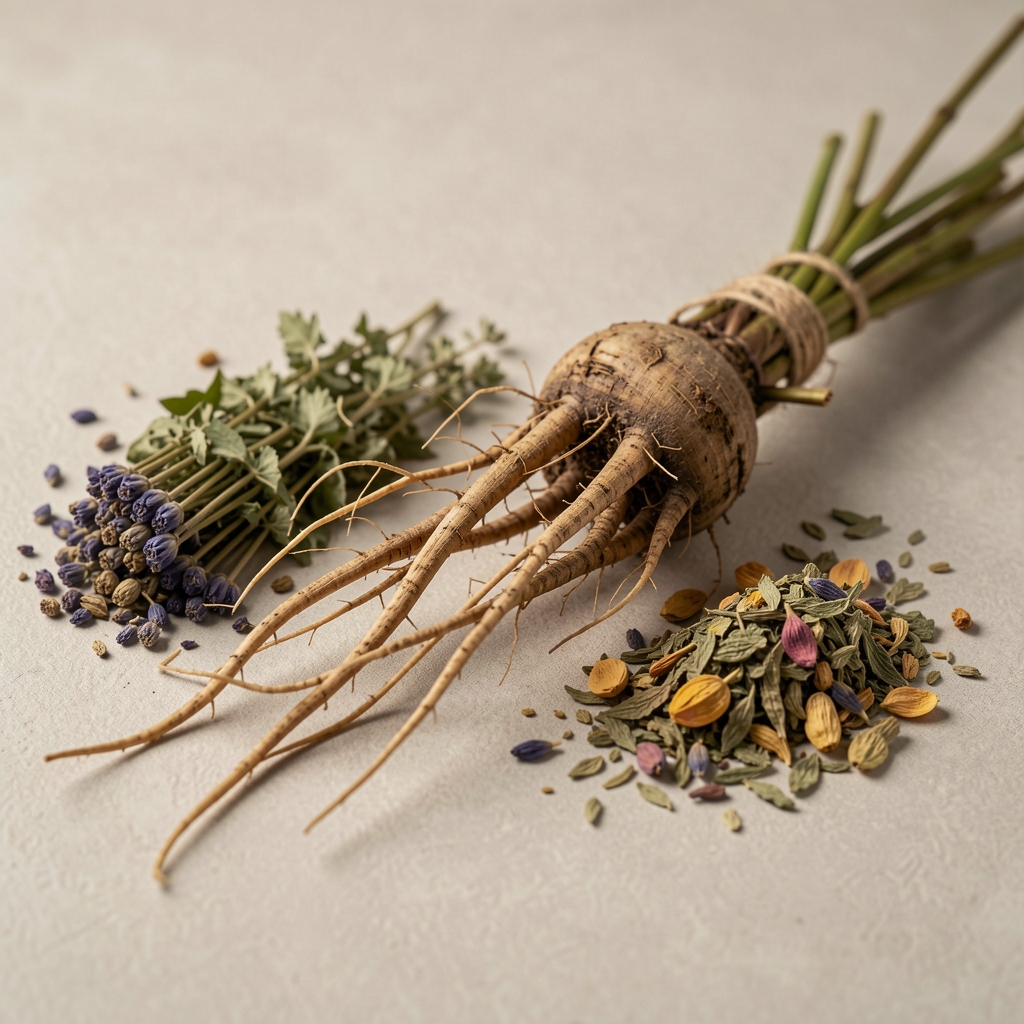 Root extract and dried herbs arranged on a neutral surface for an editorial still life