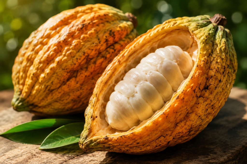 Fresh open cacao pod showing white pulp and raw cacao beans