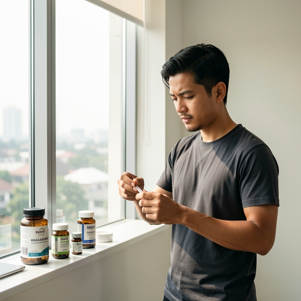 Active Indonesian man preparing a measured morning supplement routine beside a bright Jakarta window