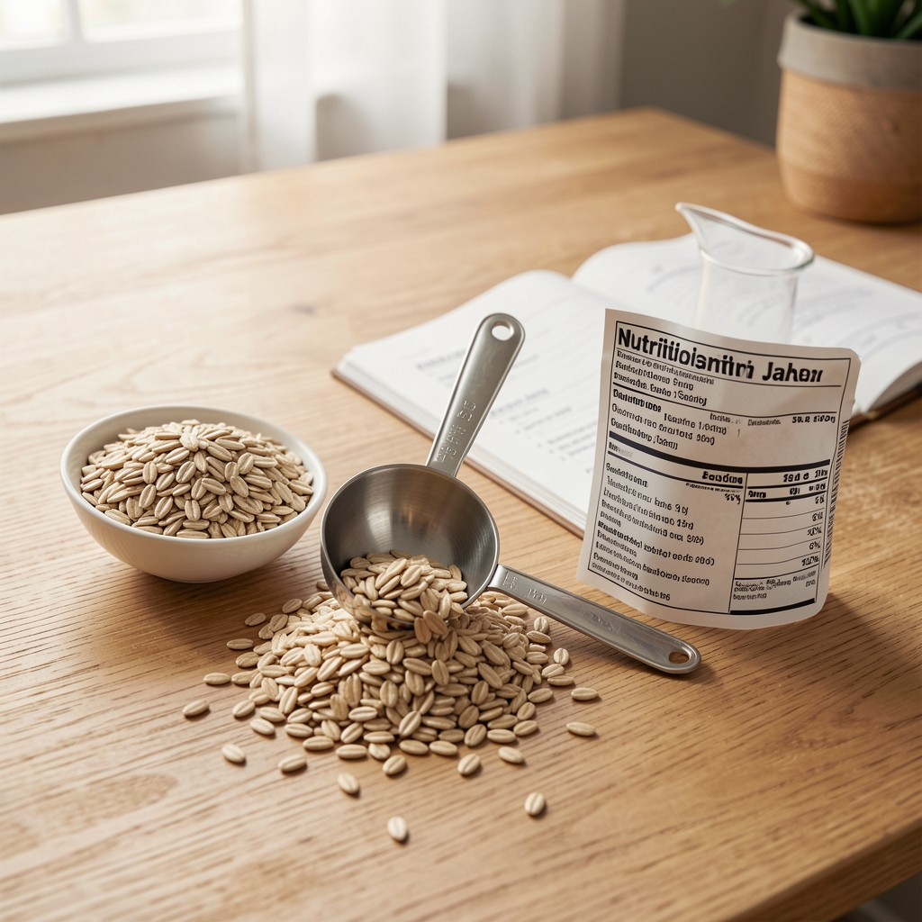Open nutrition journal beside measuring spoon, whole grains and supplement label on a calm editorial desk
